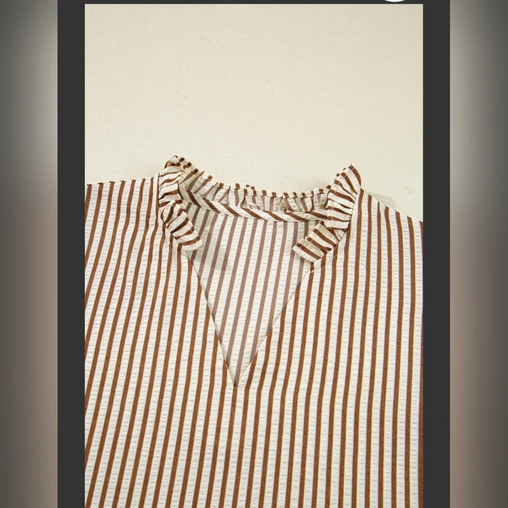 99 Disco Striped Frill V-Neck Bracelet Sleeve Blouse - Picture 6 of 7